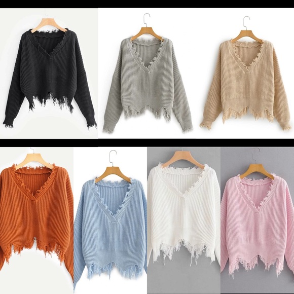 Boho Ripped frayed distressed v neck sweater TAN - Picture 10 of 10